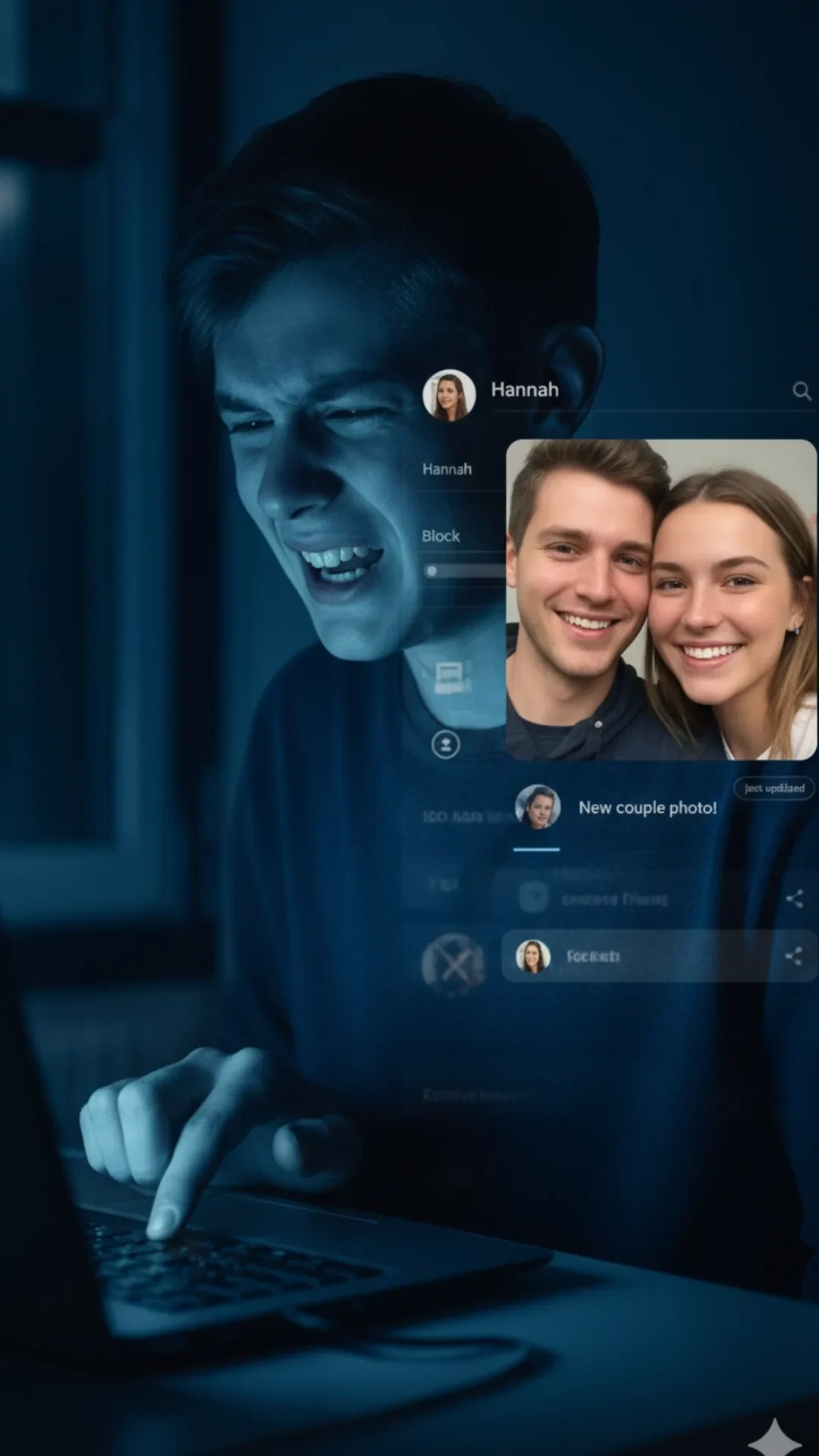 Emotional AI images visual of a boy in anguish blocking her online merged with her profile picture instantly updating to a happy couple.