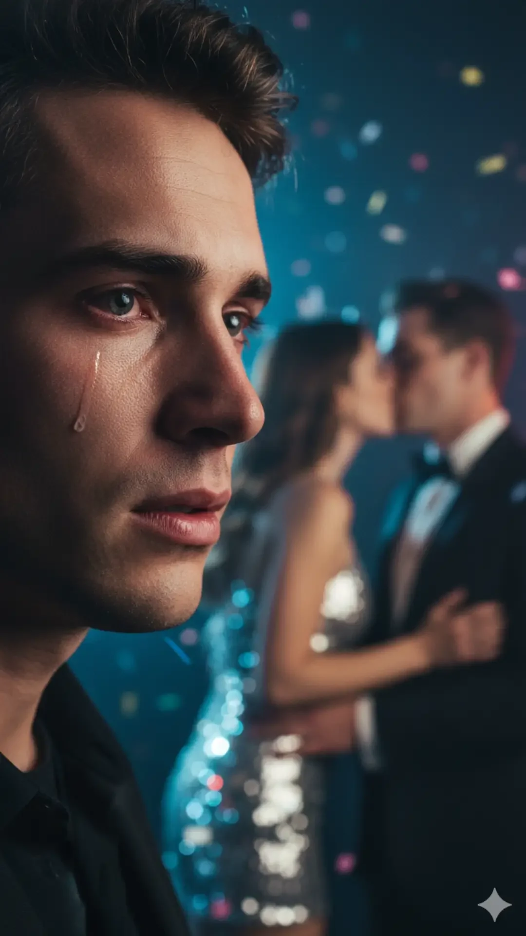 Extreme close-up of a man's face crumbling as his girlfriend turns to kiss a rival, a high-emotion Gemini Breakup Prompts shot using a RED V-RAPTOR.