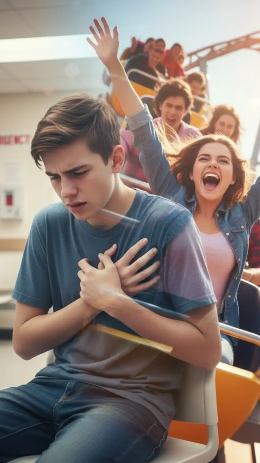 Gemini prompt for mood photography double exposure of a boy's hospital anxiety merged with a girl's joyful rollercoaster ride.