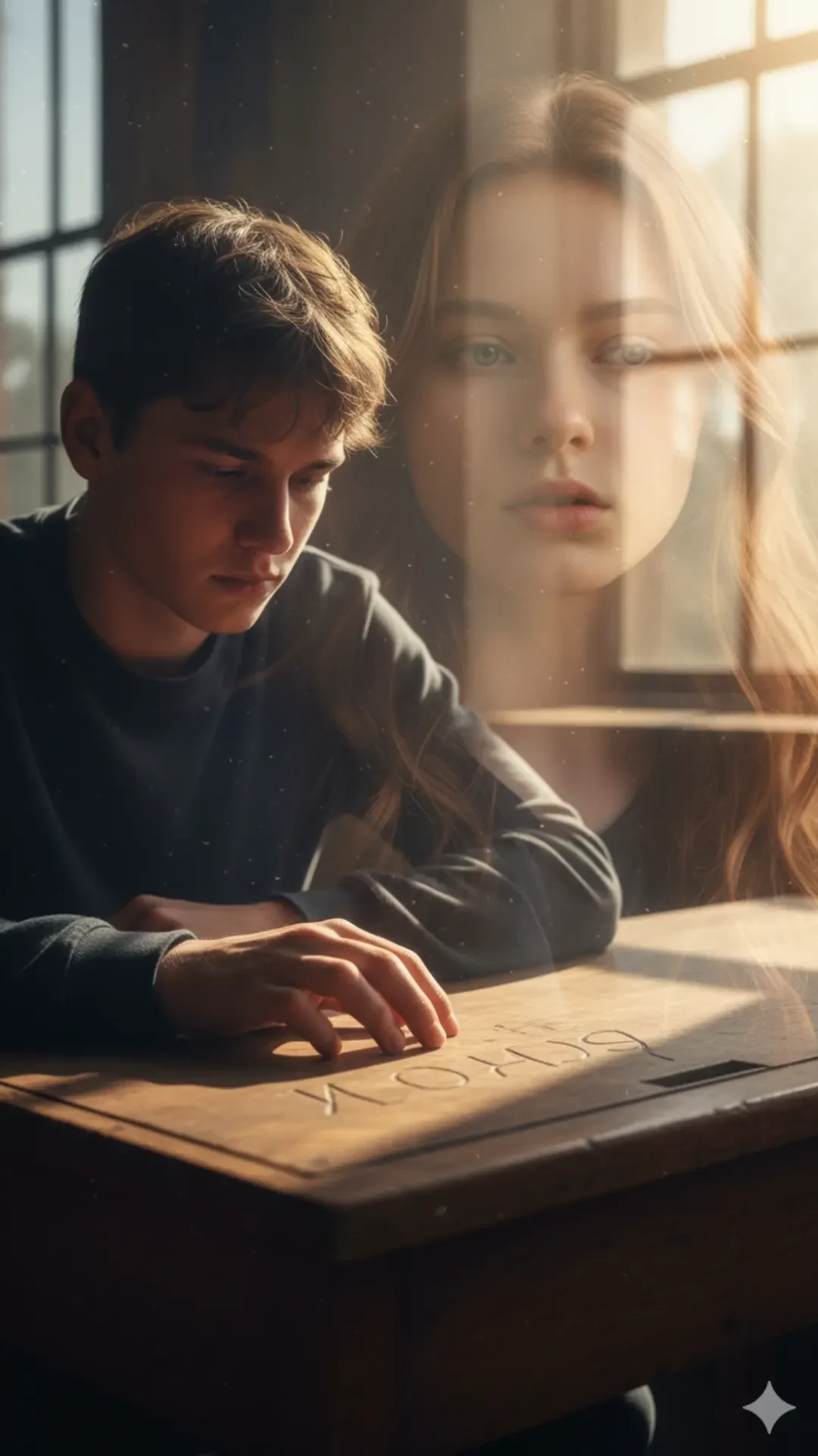 Gemini prompt for mood photography of a boy touching old initials merged with the girl's face looking back with the curiosity of a stranger.