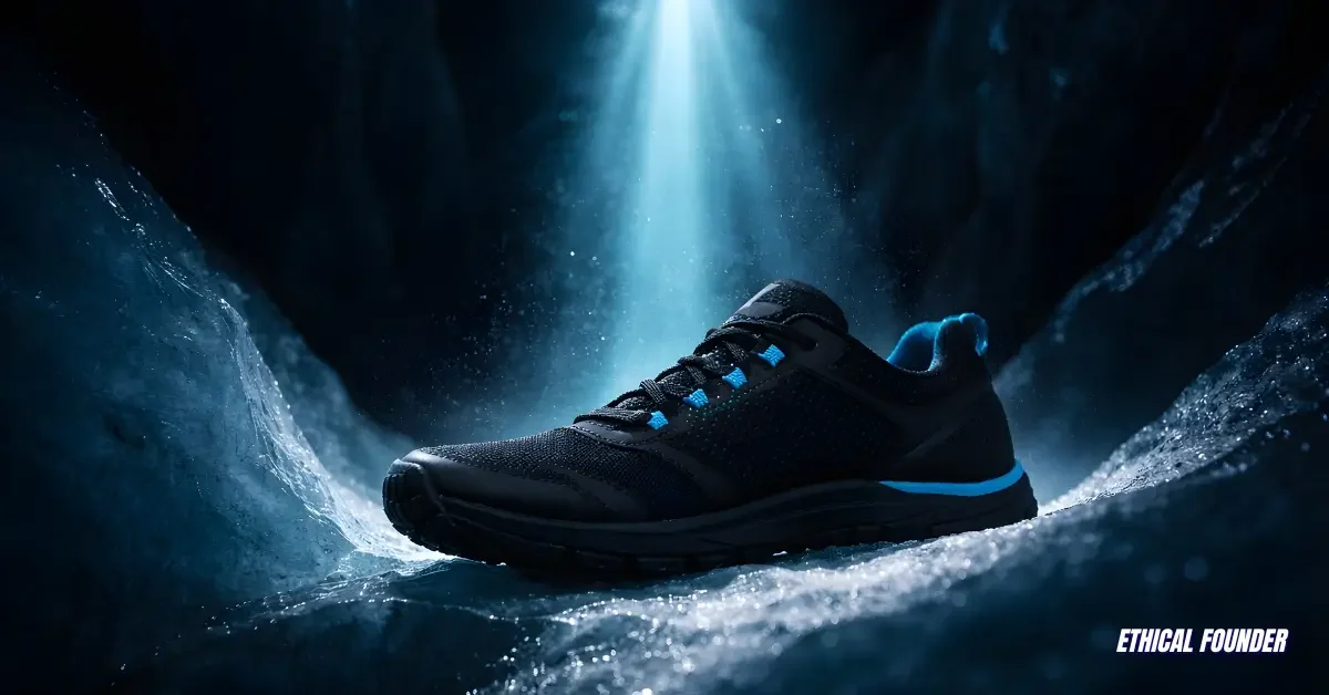 Professional black athletic shoe design template mockup in a Greenland glacier, perfect for a high-resolution 4K zero-drop sneaker template.