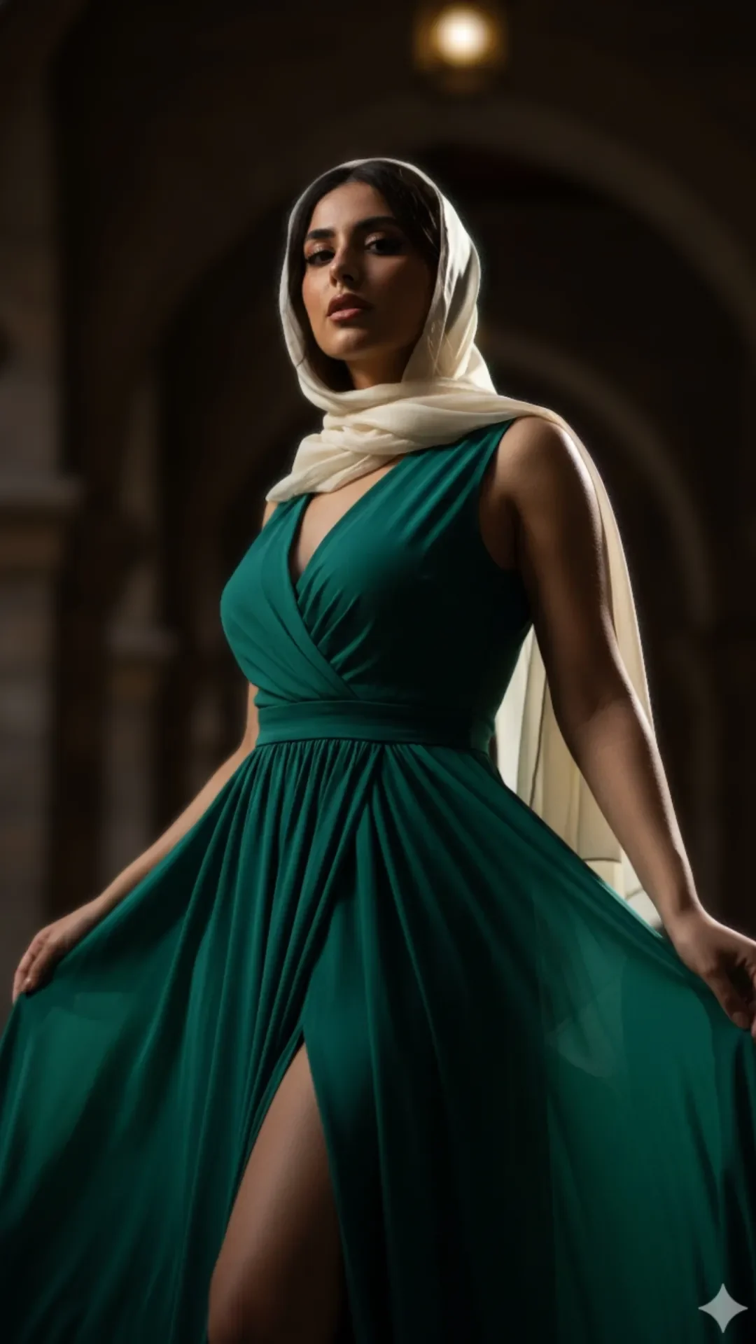 Google Gemini AI Photo Editing Prompts showing an Arabic Girl in a stunning emerald green Maxi Dress and hijab, a perfect example of Hijab Fashion Girls photography.