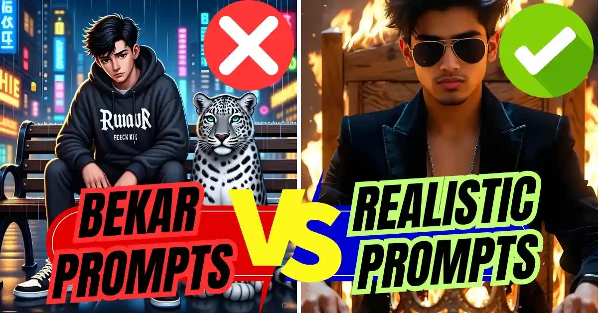 Comparison showing basic Google Gemini Photo editing prompting without camera settings producing amateur results versus professional prompting with technical specifications creating photorealistic 8K portrait