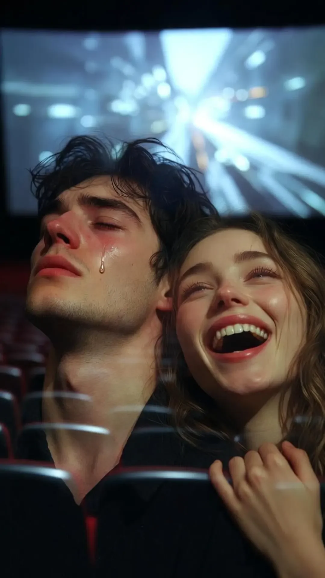 Emotional Grok imagine love failure prompt – boy crying alone merged with girl laughing on new boyfriend shoulder in cinema