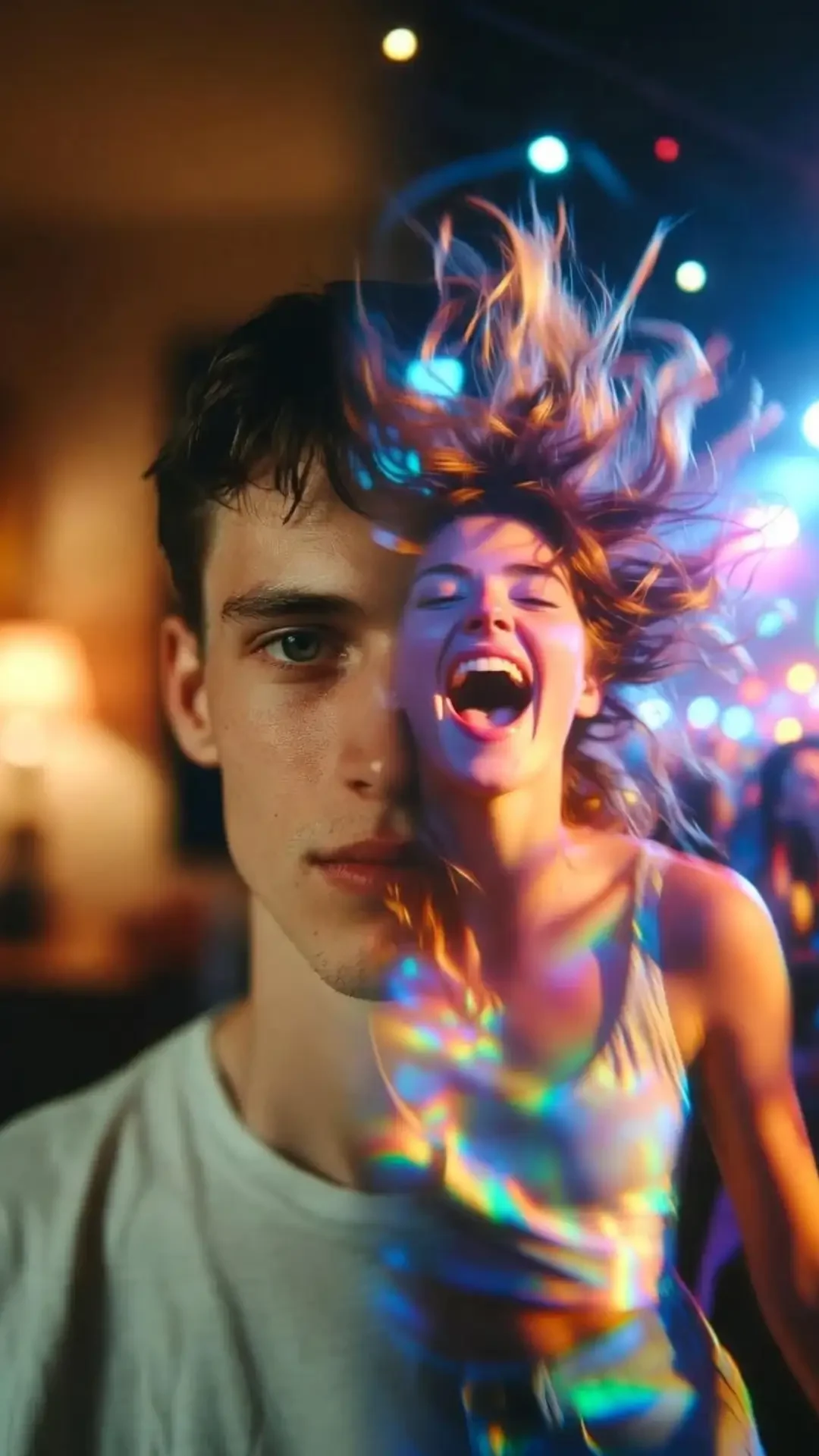 Grok imagine love failure prompt double exposure – boy staring at old photo album merged with girl dancing free at music festival