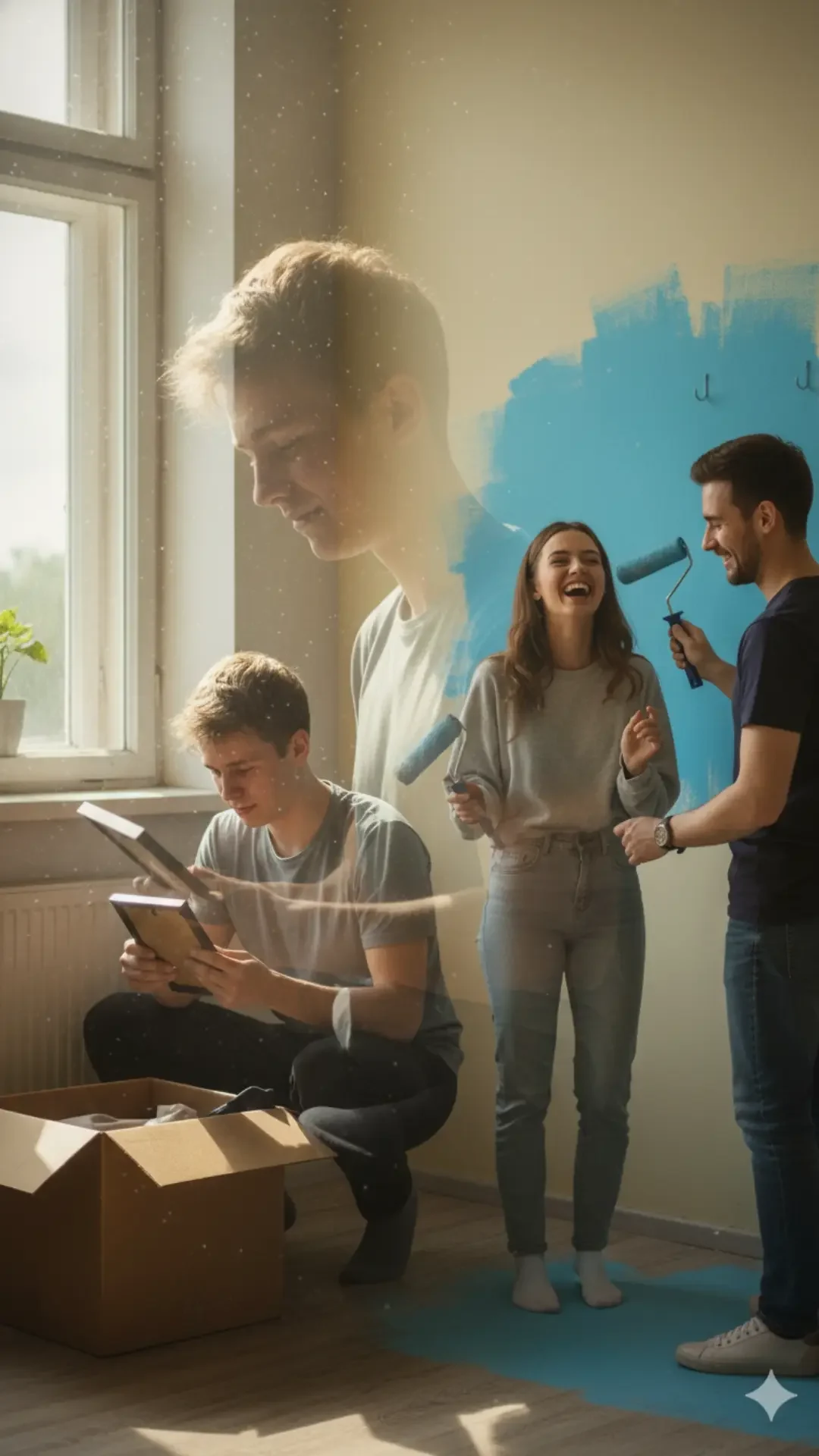 Grok imagine love failure double exposure – boy packing belongings merged with girl painting walls new color