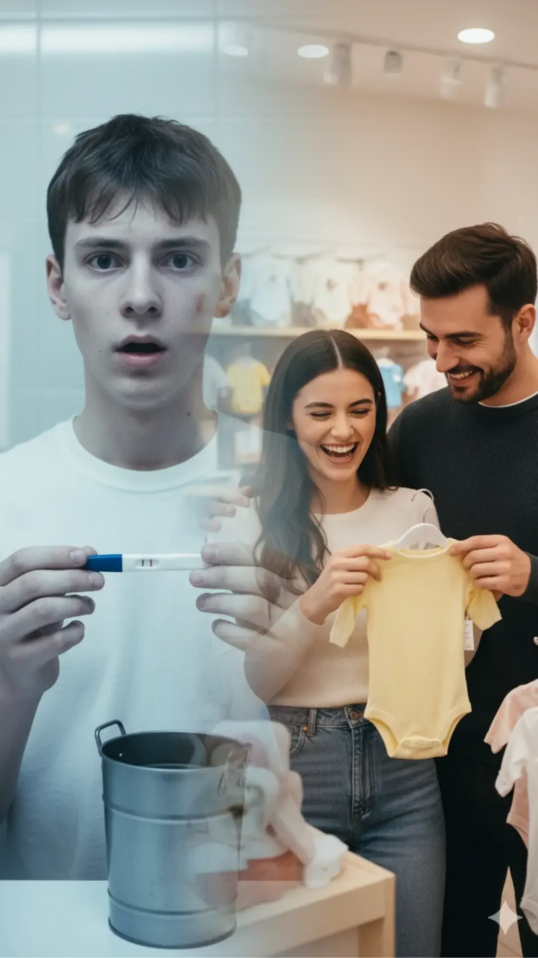 Grok imagine love failure double exposure prompt – shocked boy with pregnancy test merged with girl shopping baby clothes