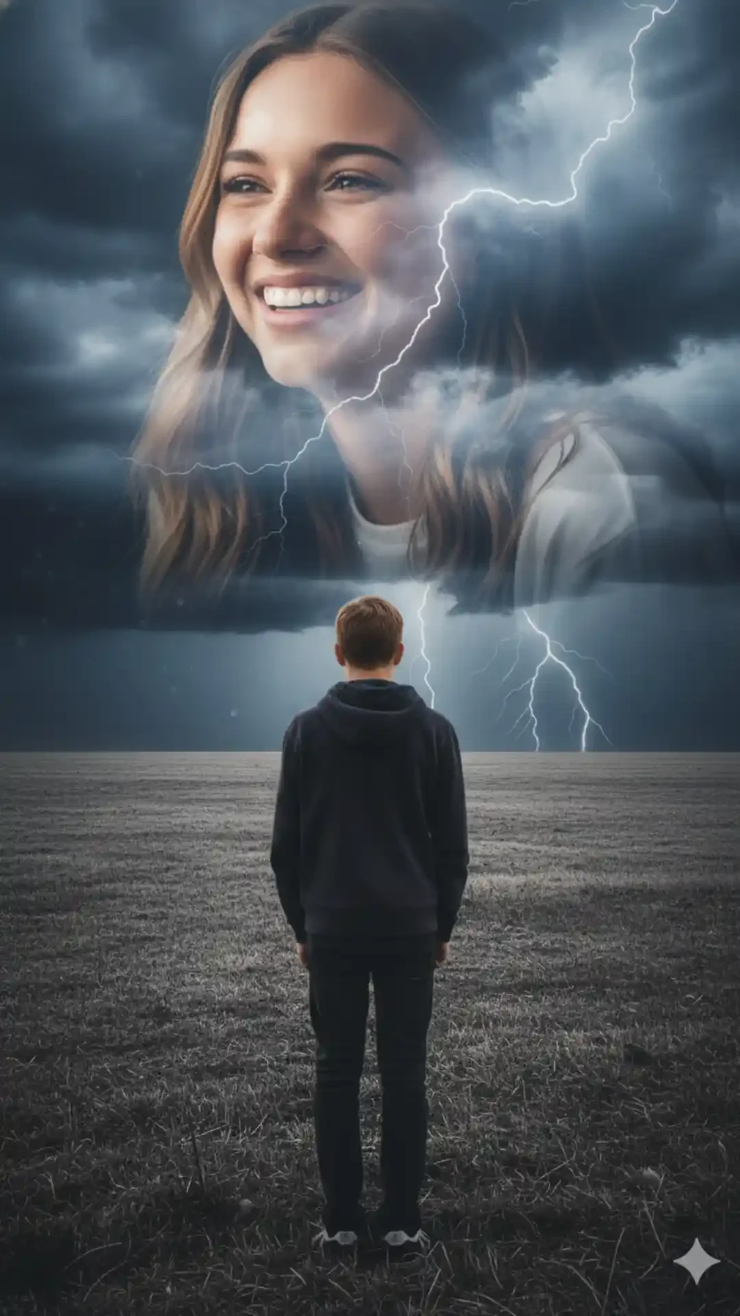 Final Grok imagine love failure prompt – boy in stormy field merged with girl's sunny smile from first meet day