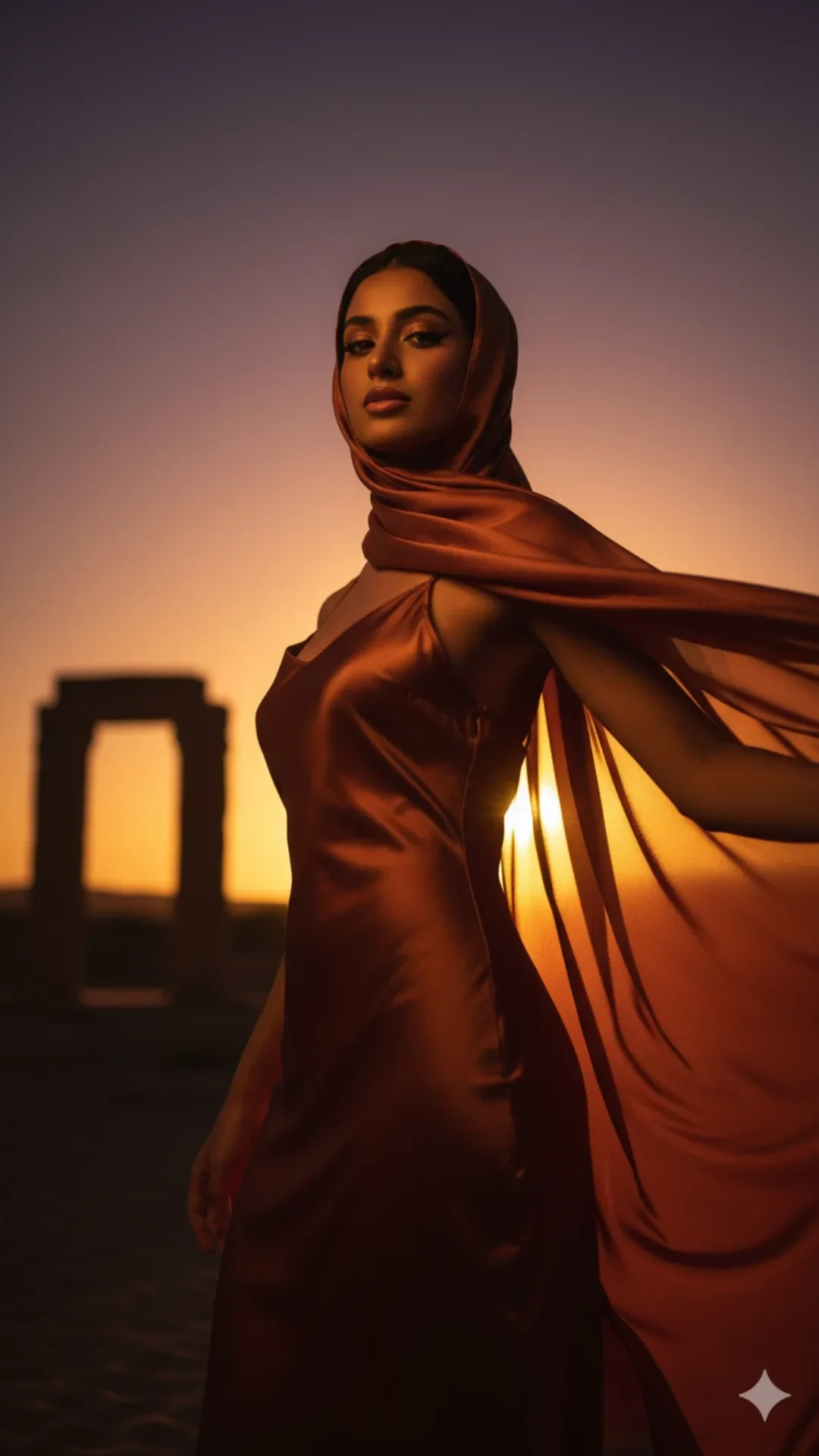 A dramatic sunset portrait using Google Gemini AI Photo Editing Prompts. Features an alluring Arabic Girl in a copper silk hijab and Slip Dress, showcasing Hijab Fashion Girls with intense back-lighting.