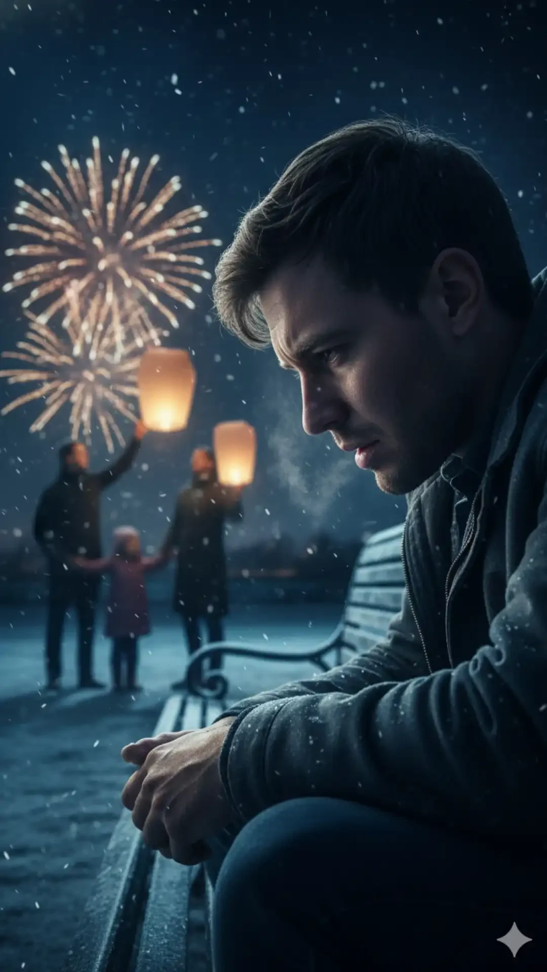 Low-angle Photorealistic Sad Boy Prompt of a man hunched on a frozen bench, showing profound sorrow; a perfect Love Failure Prompt Gemini status.