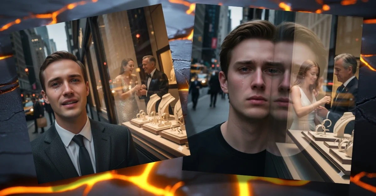 Man staring sadly at Cartier window, ghost reflection of ex-girlfriend trying on diamonds, Movie Still Look result.