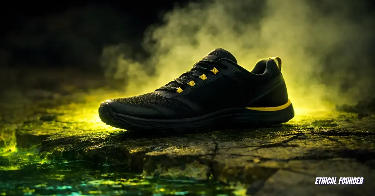 Neon gold accent zero-drop sneaker template variation mockup from a dark sea cave, high-detail customizable product photography.