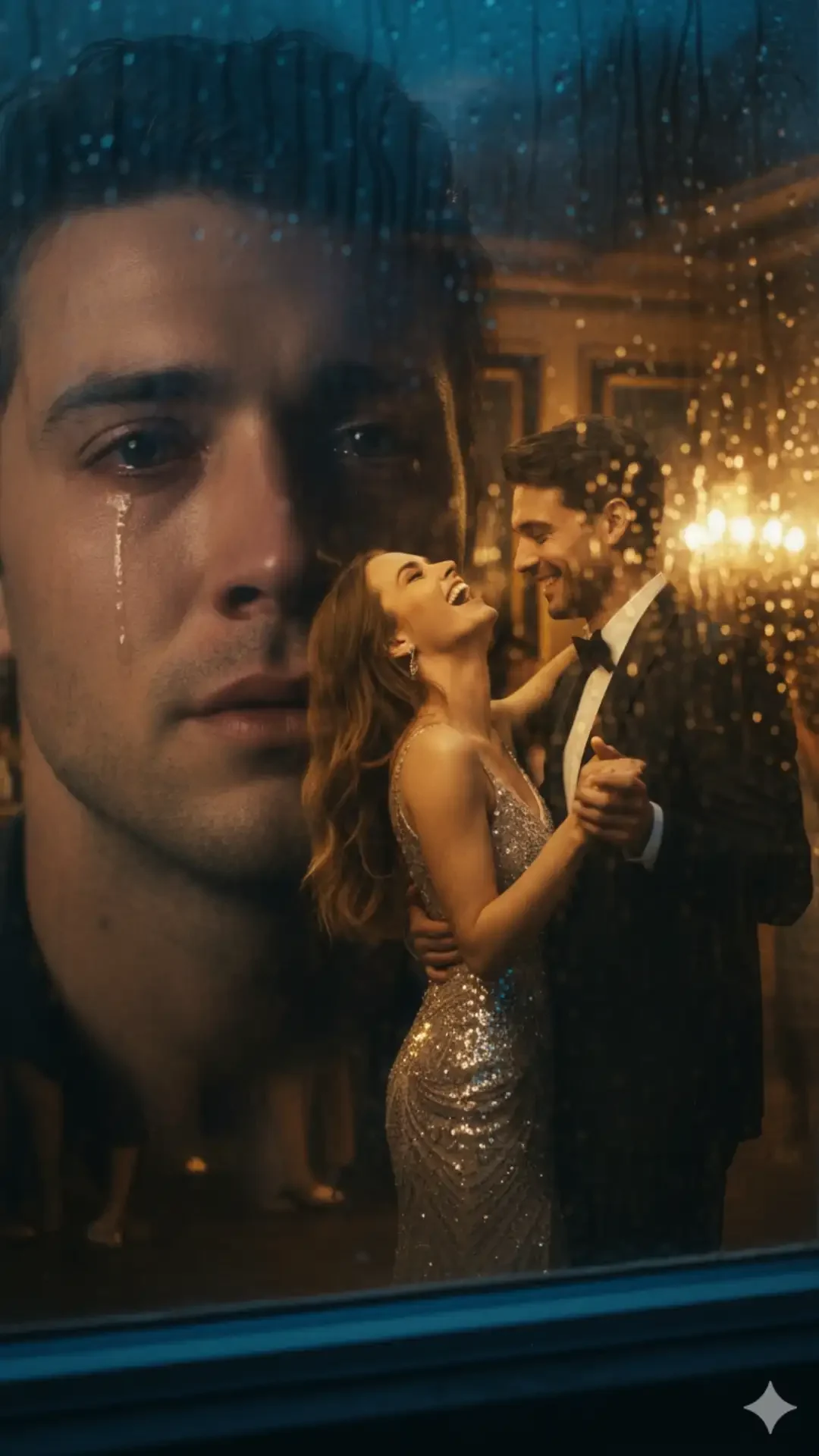 Rain-streaked window reflection of a sad man overlaid on his ex laughing inside, showcasing a Photorealistic Love Failure Prompt with double exposure.