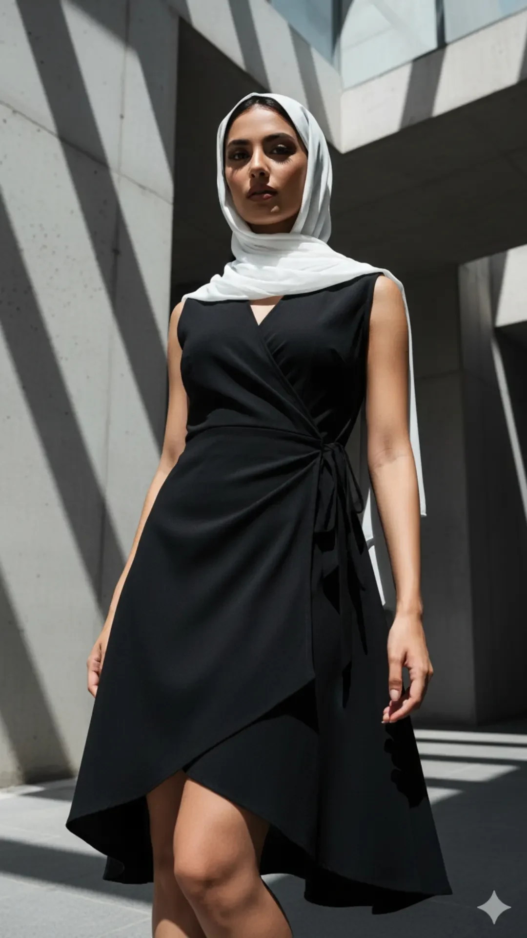 Exquisite Arabic Girl profile using Google Gemini AI Photo Editing Prompts. A model wears a deep burgundy hijab and matching silk short middy T-shirt dress, highlighted by an intense dim light glow.