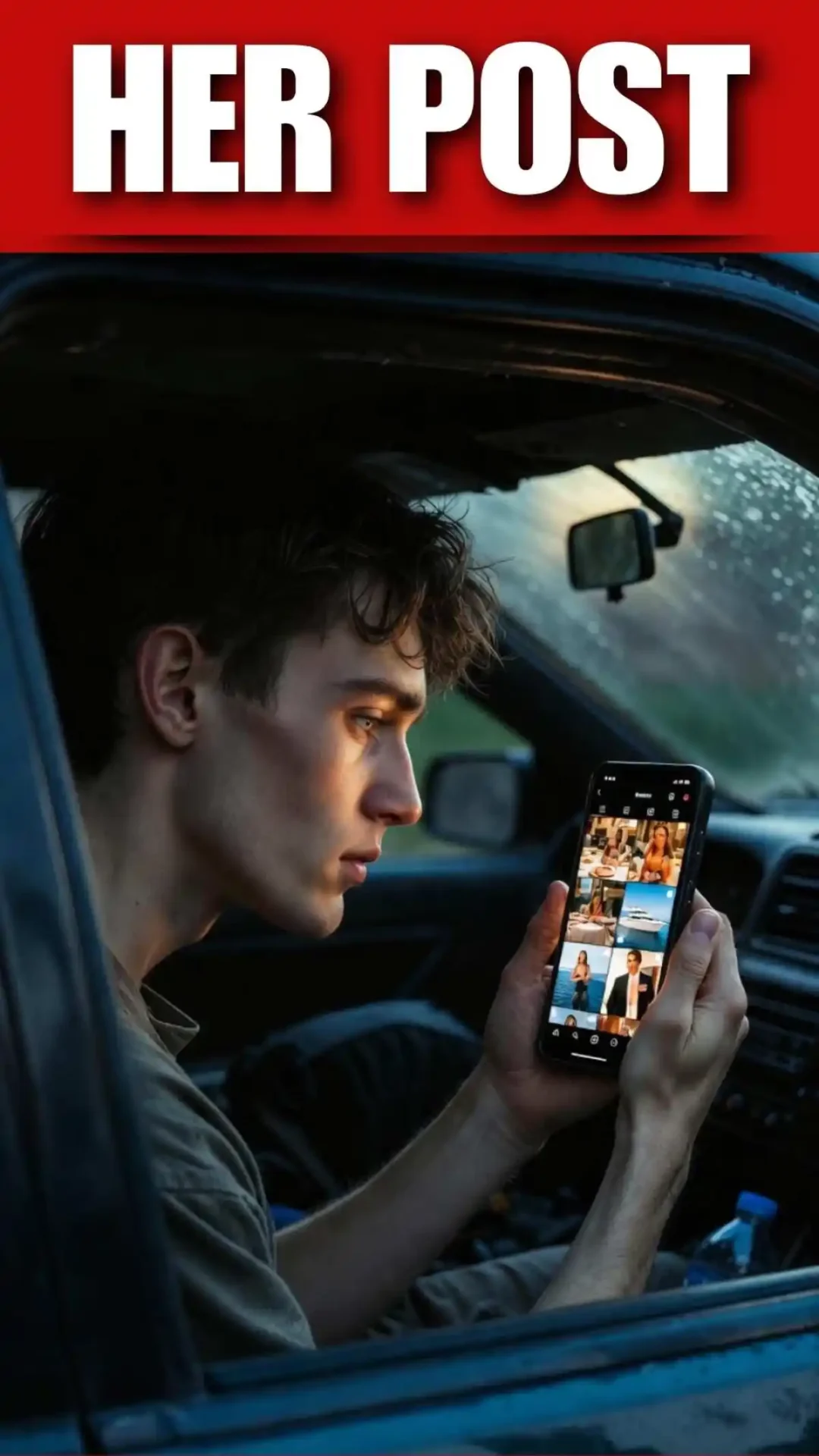 A man scrolling his ex's vibrant Instagram feed in the dark, a visually painful love failure boy photo pose. This is a great prompt for a realistic sad boy instagram dp after breakup.