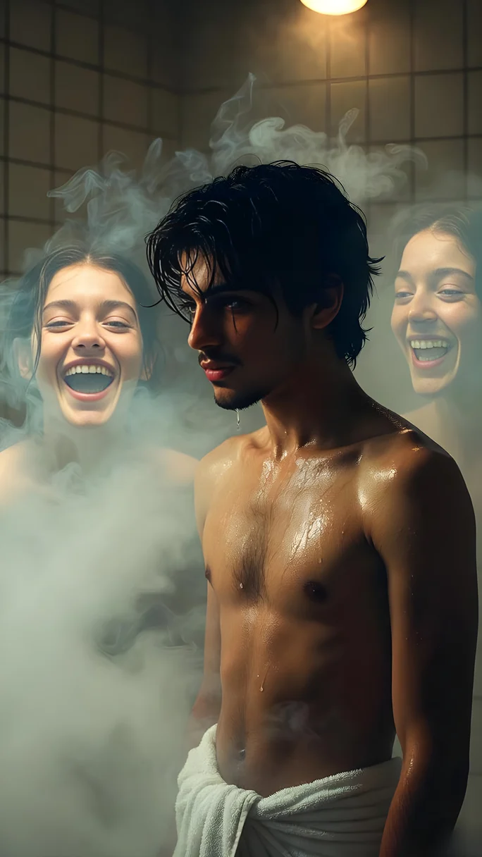 A unique ultra realistic Gemini sad boy prompt showing a haunted male portrait with holographic projections of memories in rising steam