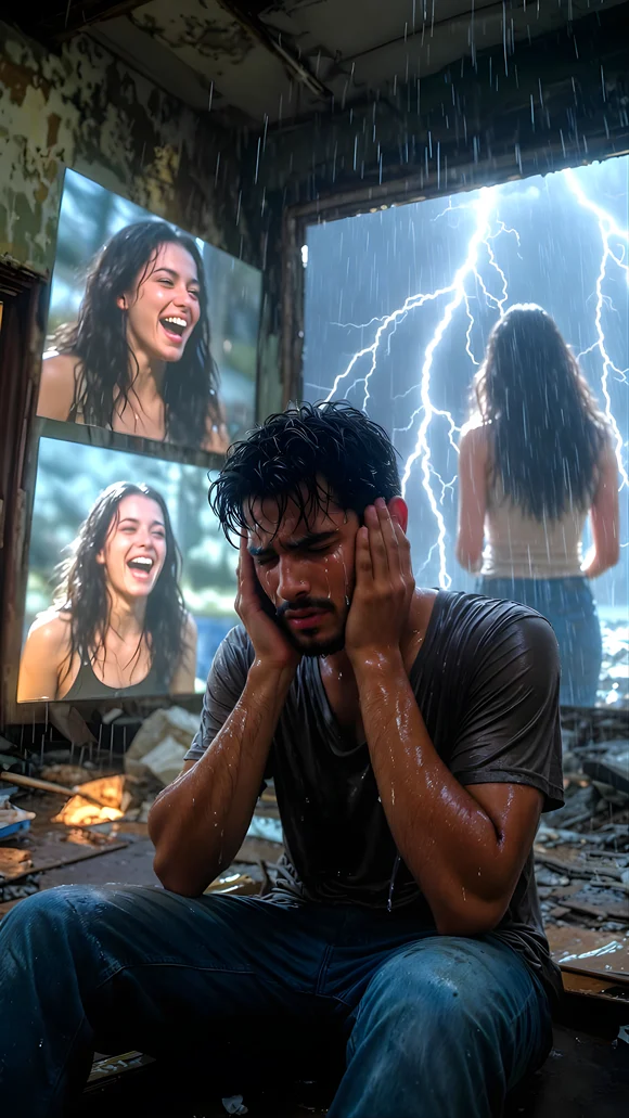 Best tragic Image editing prompt: Intense wide shot of a man in an abandoned building with holographic projections of his ex-girlfriend illuminated by lightning.