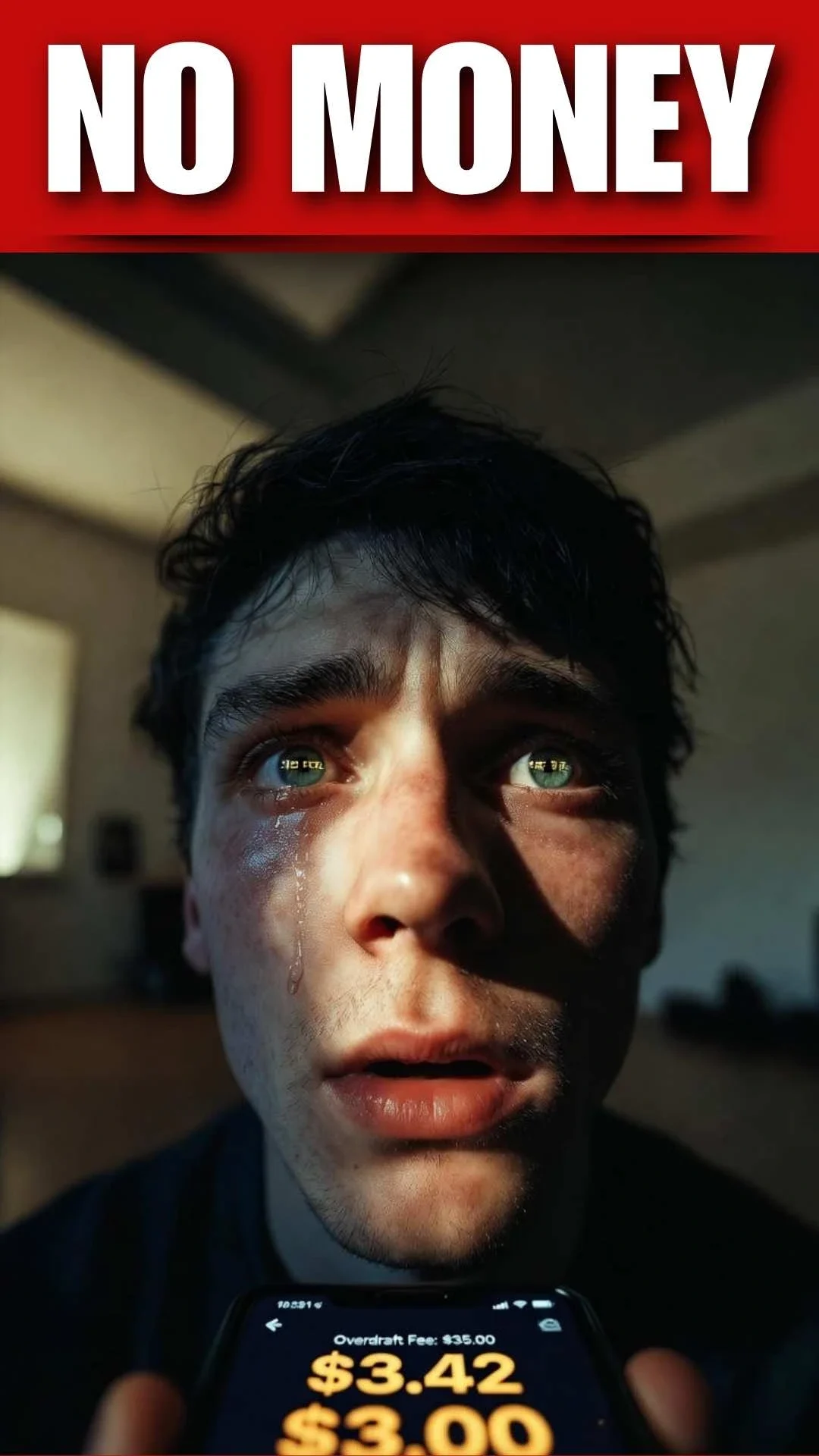 Extreme close-up of a man's face, illuminated by his phone, showing a single tear over an overdraft notice. This powerful sad boy prompt gemini is proof of generating realistic love failure sad boy photos for wallpaper, perfect for a heartbreaking love failure boy dp.