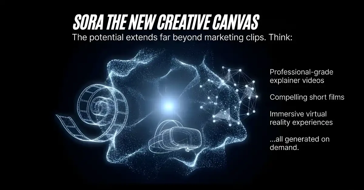 Digital illustration representing Sora AI as a creative canvas where professional explainer videos, compelling short films, and immersive virtual reality experiences are generated instantly using advanced artificial intelligence.