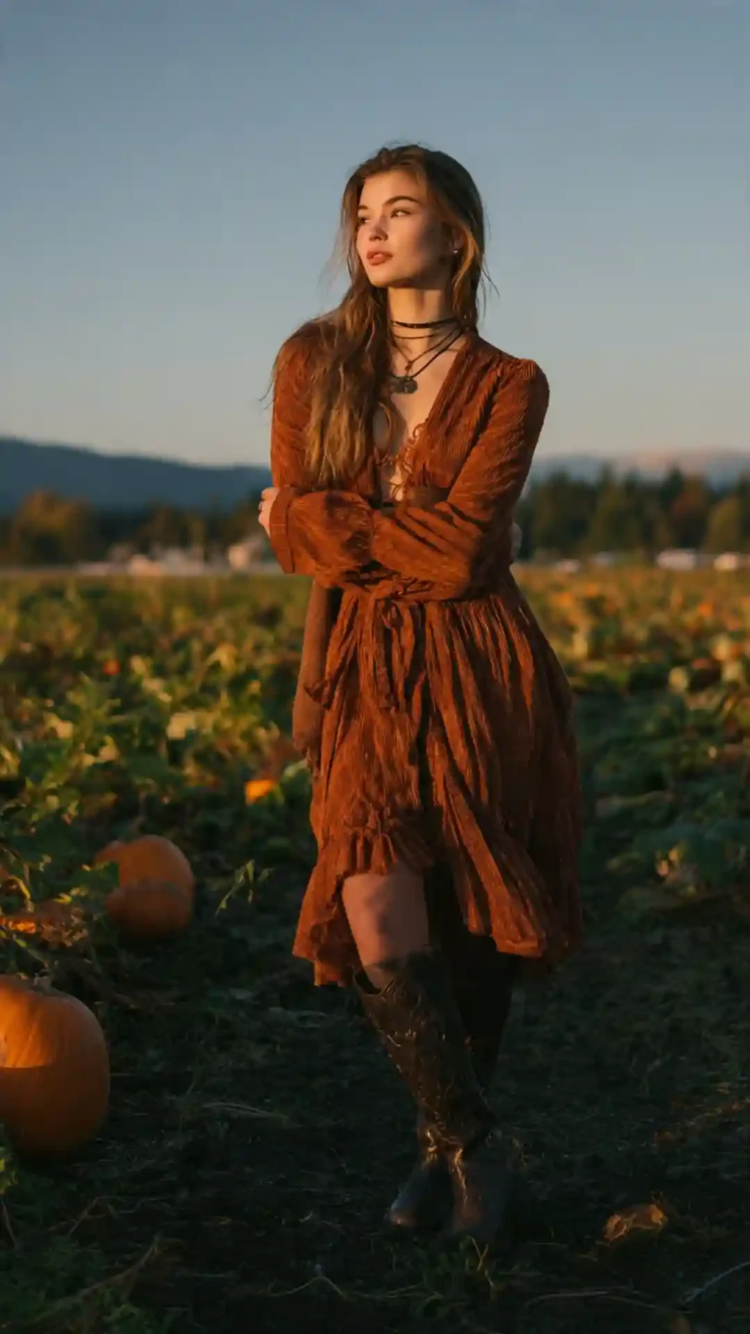 Grok photorealistic AI image Prompts for  sultry 19-year-old woman leaning old oak tree autumn wind leaves across face