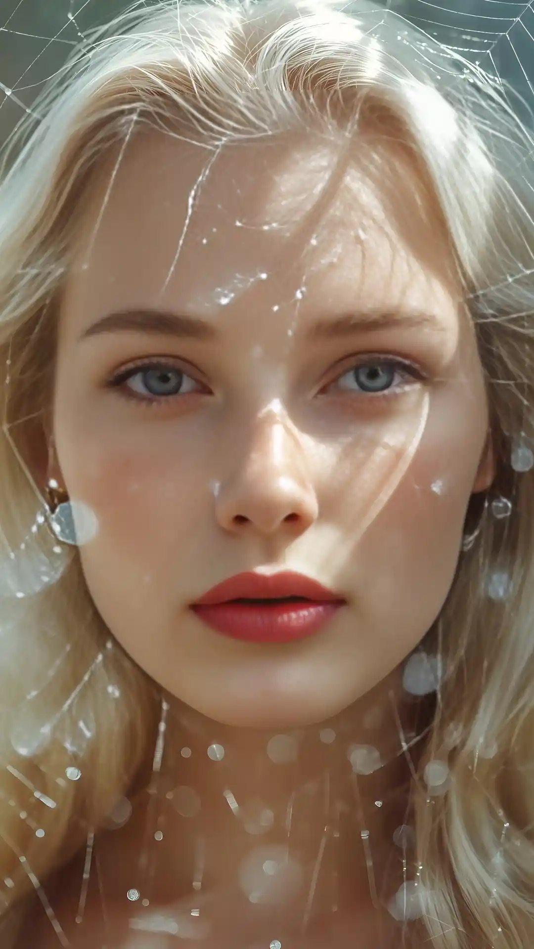Award-winning photorealistic portrait prompt using a macro probe lens through a spider web, focusing on AI Image Generation for emerald eyes.