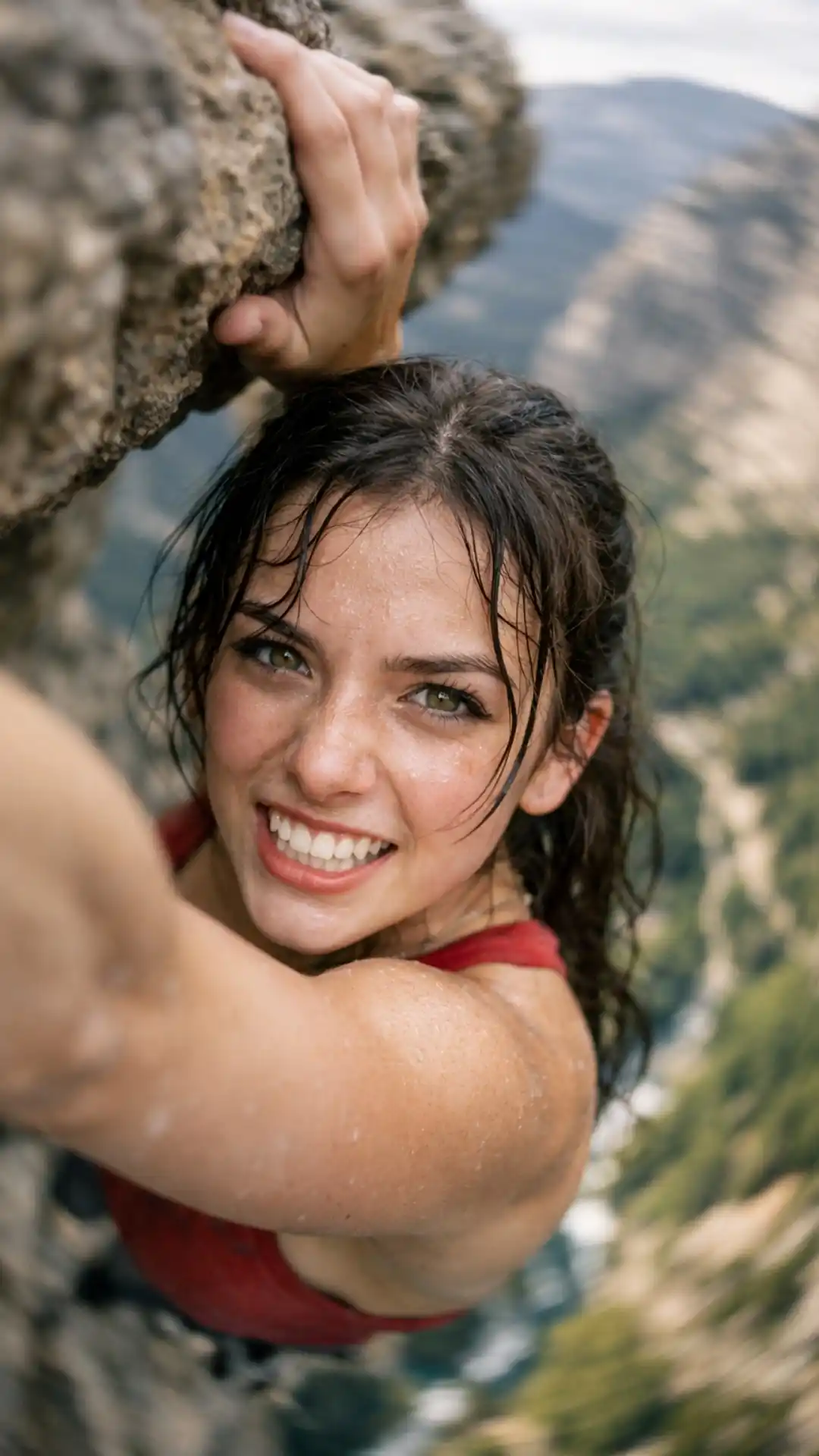 Professional Cinematic gimbal shot for a climbing portrait, utilizing specific DJI RS3 Pro and Sony lens settings.