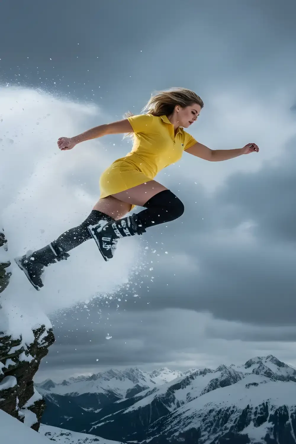 A cliff edge jump action prompt showing a girl in a yellow polo dress airborne over snowy peaks, using realistic AI prompts for Gemini.