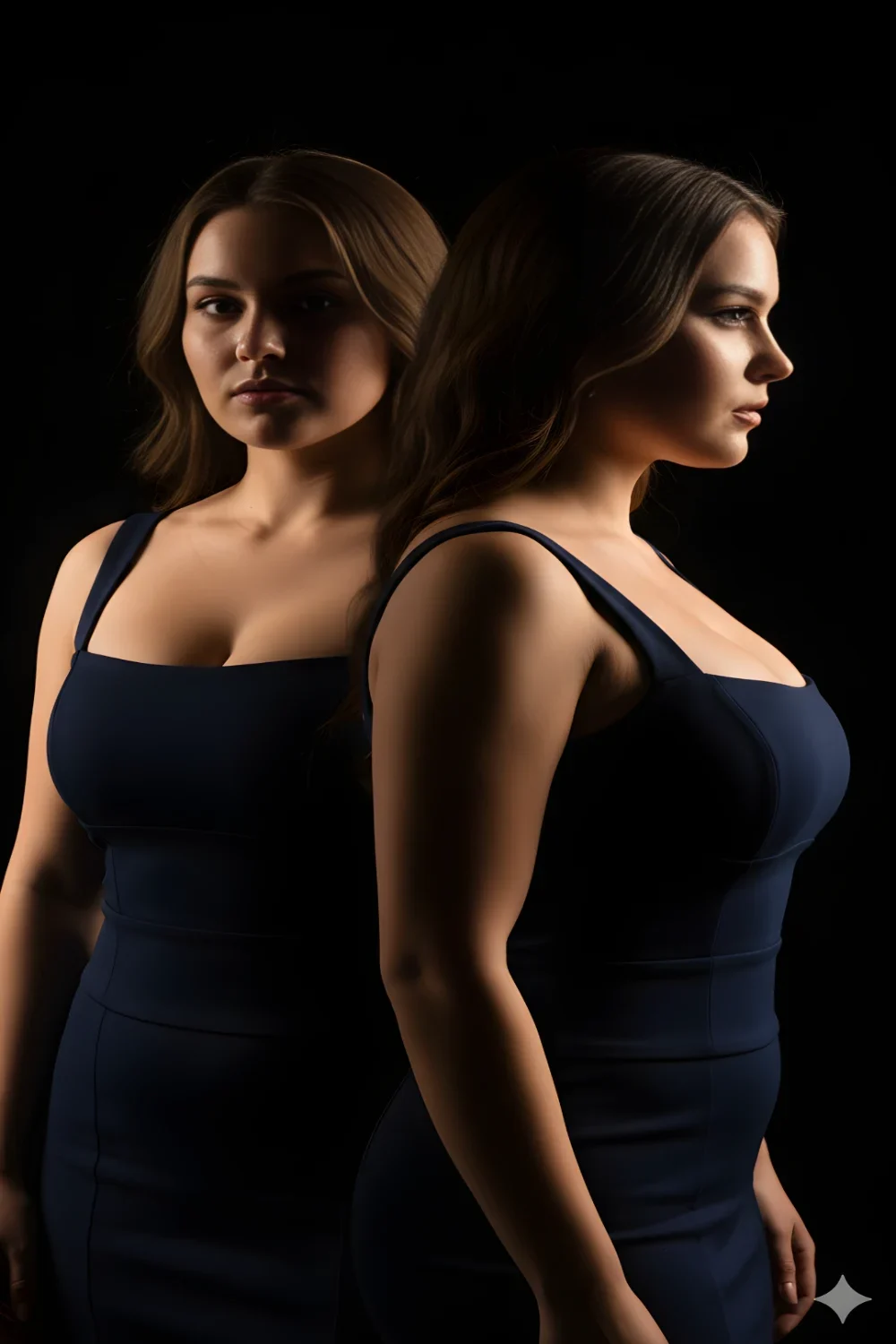 A Gemini prompt for dramatic profile view and front view portrait of a girl in a navy bodycon dress under theatrical lighting.