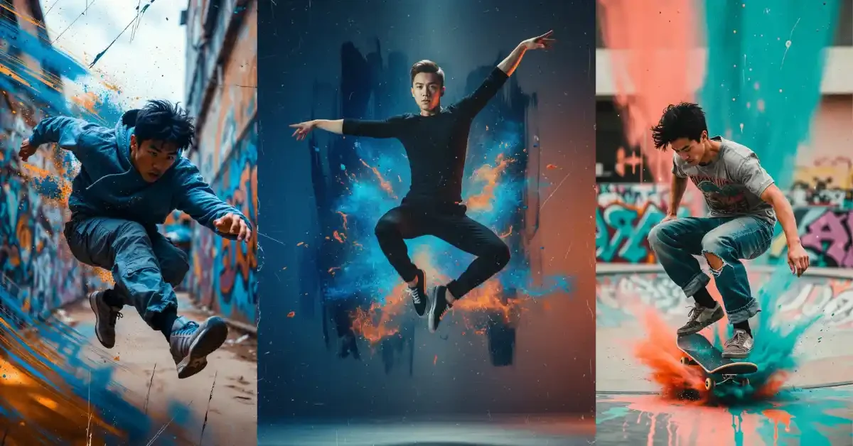 Ultra-realistic B-Boy AI photo created with a dynamic low-angle Google Gemini AI Photo Editing Prompts command.