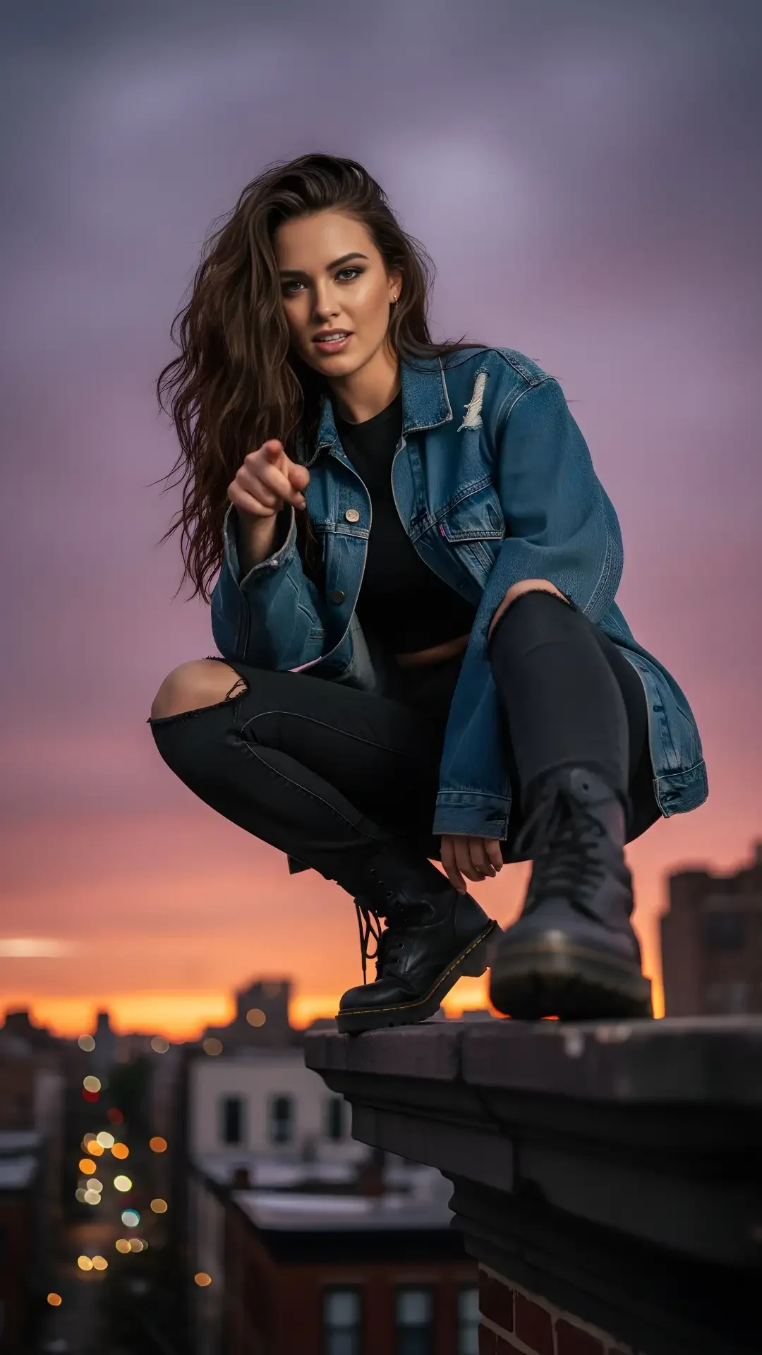 Google Gemini AI Photo Editing Prompt for a Stylish Girl in a cinematic low-angle girl portrait on a Brooklyn brownstone rooftop.