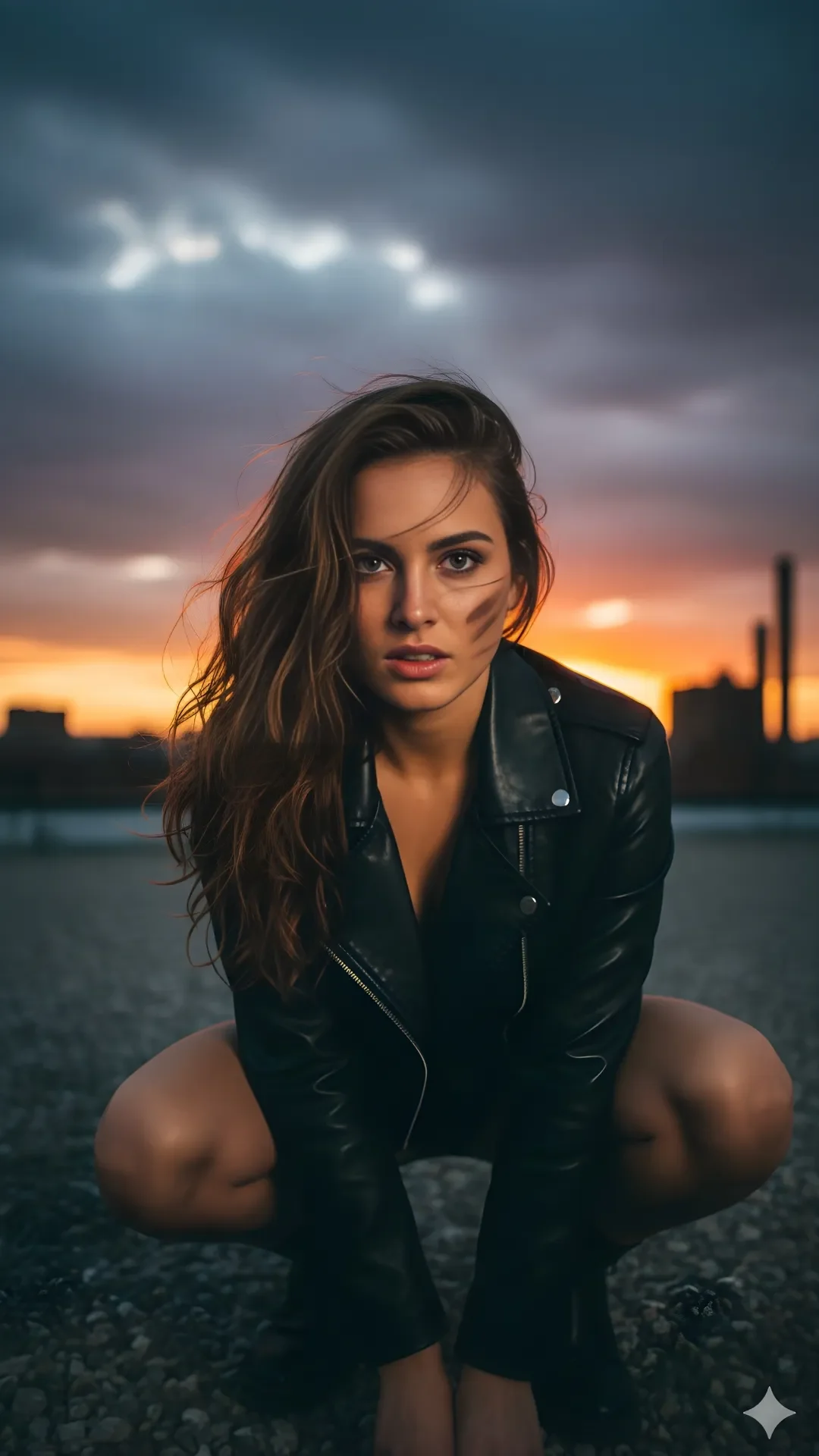 Google Gemini AI Photo Editing Prompt for a defiant, low-angle portrait. This Prompt for Stylish Girls uses a stormy sunset reflection.