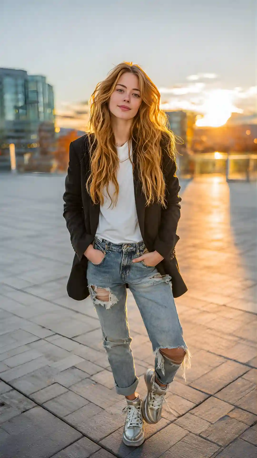 Confident 19-year-old in open urban plaza, floating dolly around with golden warmth Grok prompt