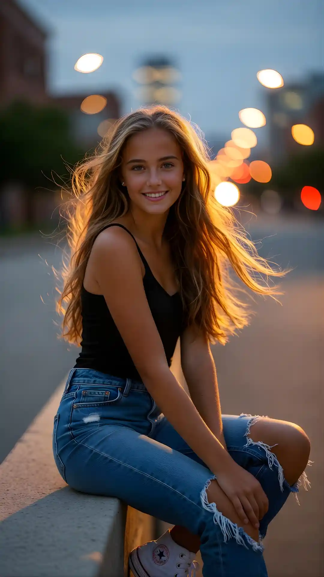 19-year-old girl seated on concrete ledge at dusk, low dolly sweep with golden glow Grok photorealism prompt