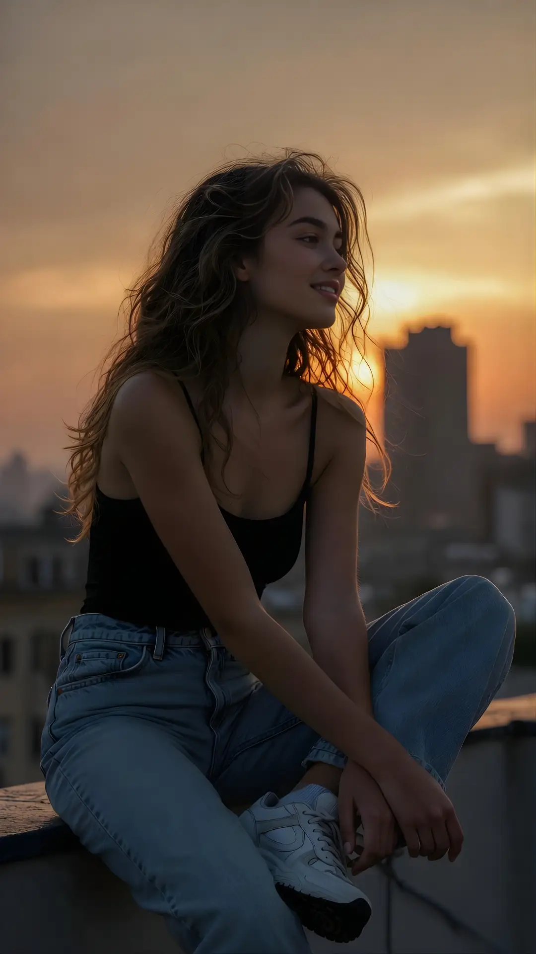 Graceful 19-year-old on rooftop edge at sunset, low-to-high reveal dolly Grok photorealism prompt