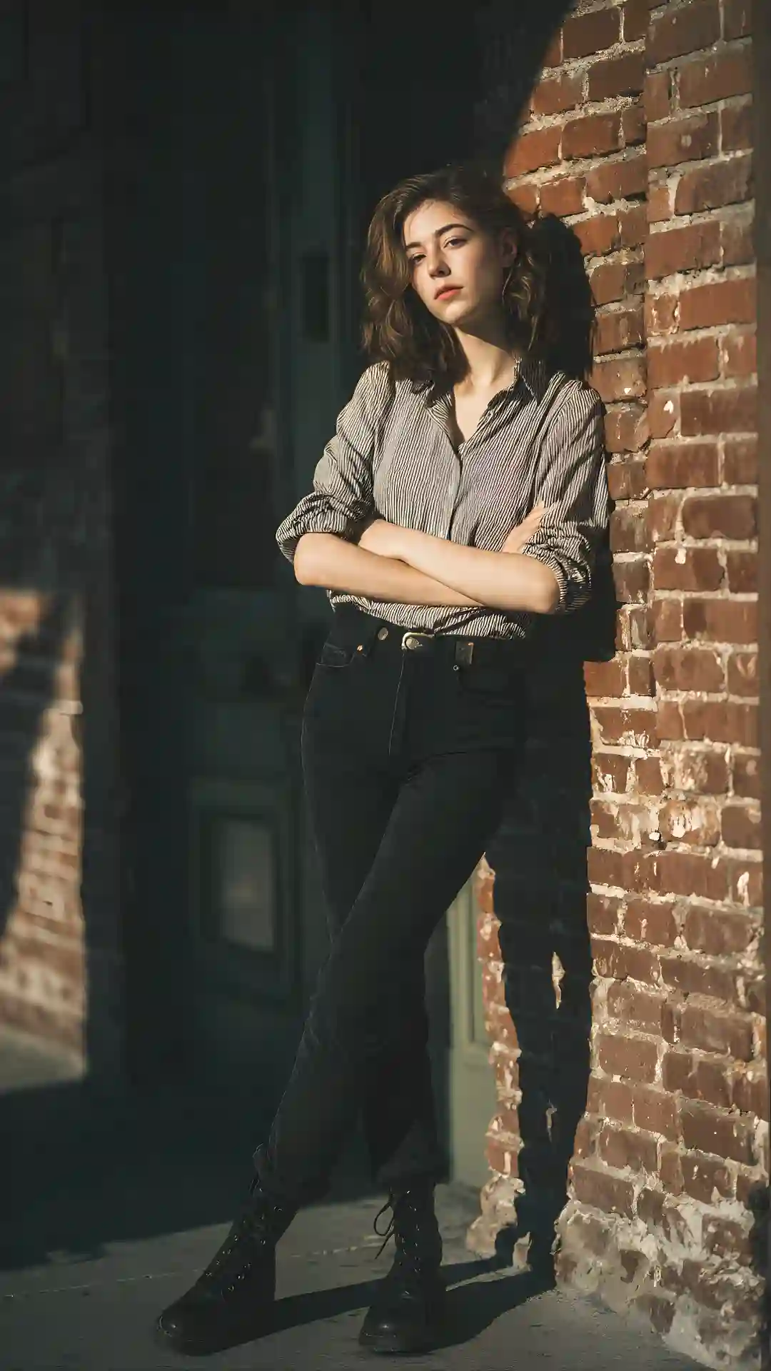 19-year-old leaning on vintage brick wall, slow push-in dolly with afternoon light Grok AI prompt