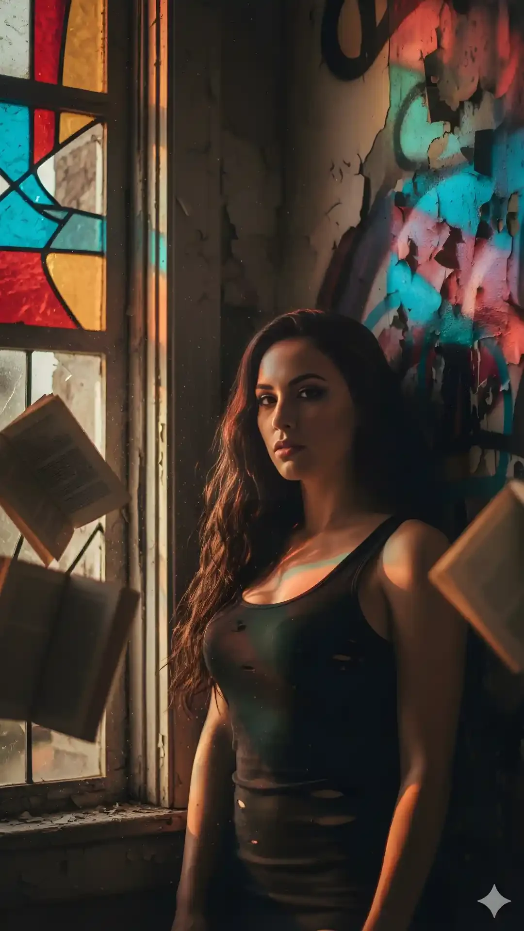 Hyper-realistic 4k portrait of a girl in an abandoned Detroit Library. Example of a powerful AI Photo Prompt Copy Paste for Girl for dramatic chiaroscuro light.