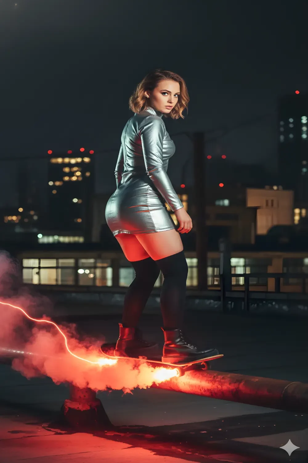 An urban motion blur snowboarding prompt on an industrial rooftop, showcasing realistic AI prompts for Google Gemini with red flare smoke.