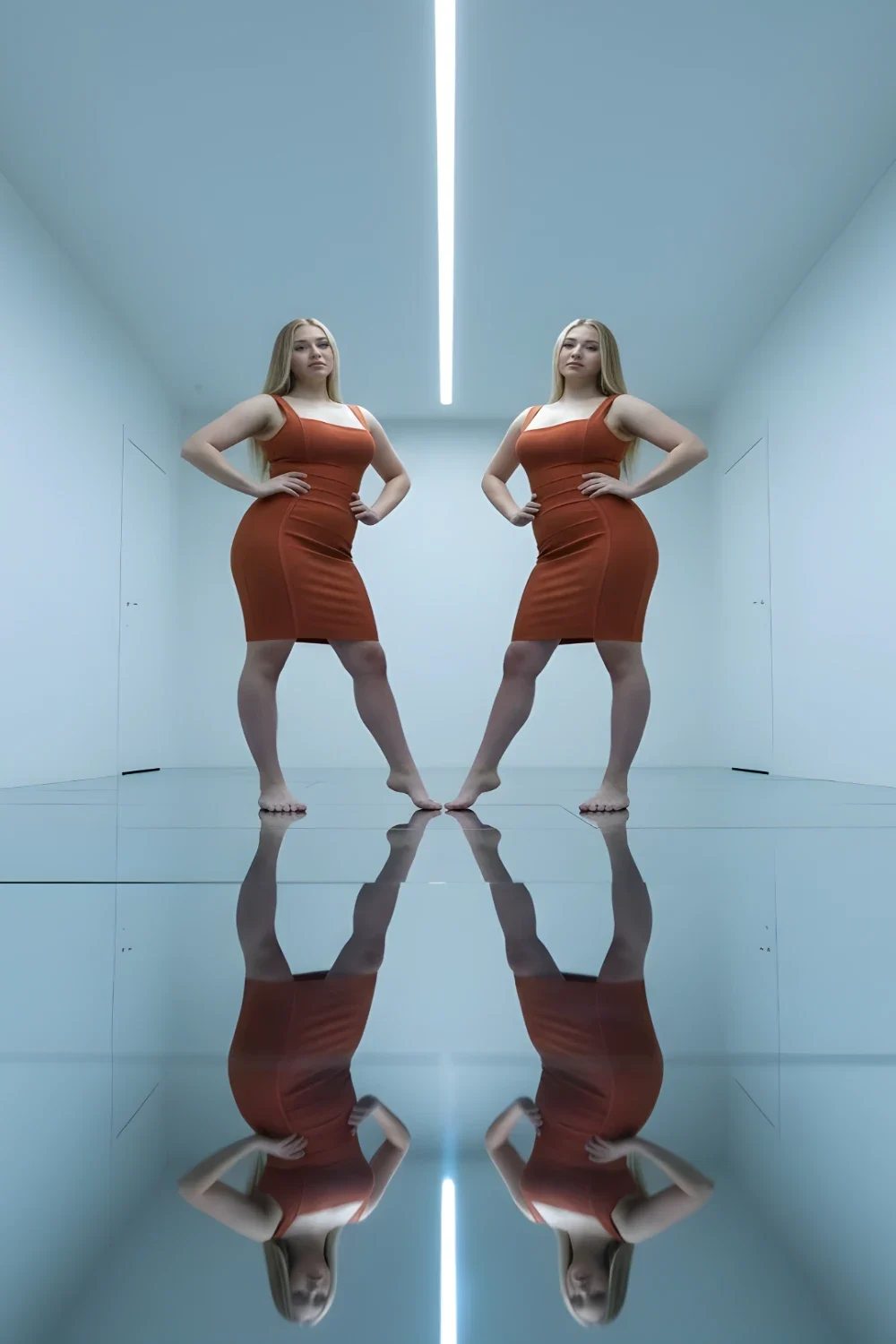 Mirrored reflection on polished floor, girl in terracotta dress, realistic AI prompt for Gemini.