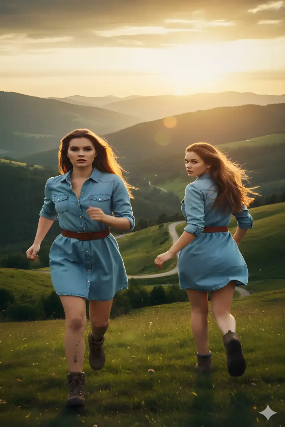 Best AI prompts for stunning attractive girls in motion, featuring a girl in a denim dress running through mountain roads at sunset with realistic motion blur.
