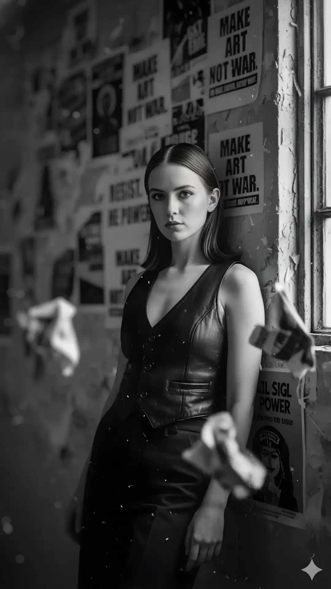 Black and white noir portrait from the NY Zine Archive, showing hard shadows and a long exposure motion blur effect. Perfect dark aesthetic image for Gemini AI Photo Editing Prompts for Girls.