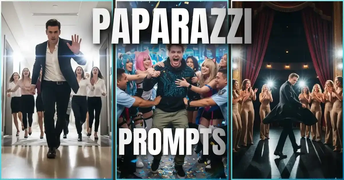 Cinematic Boys Gemini Pro prompt image of a rushed exit through a crowd, maximizing dynamic group photos and paparazzi flash effect.