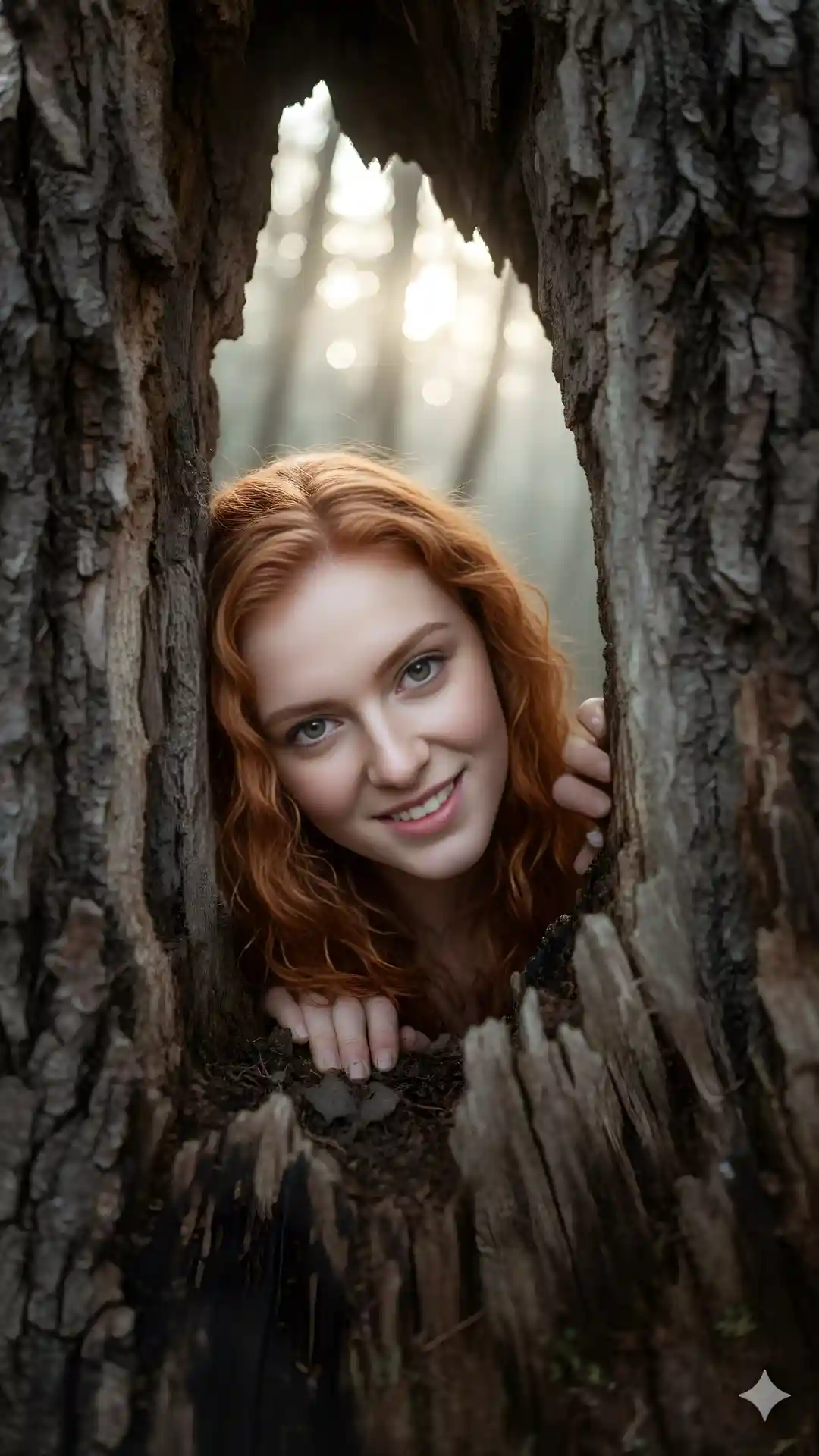Blackmagic prompt for Google Gemini generating a radical dutch angle portrait of a redhead girl through a tree trunk hollow.