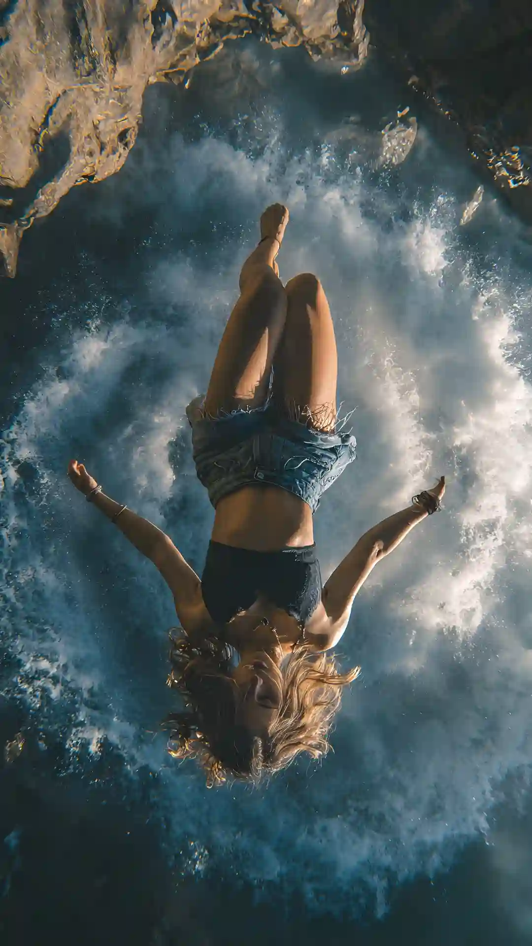 Redhead backflip off waterfall ledge with descending spiral using realistic girl prompts on Grok image generator