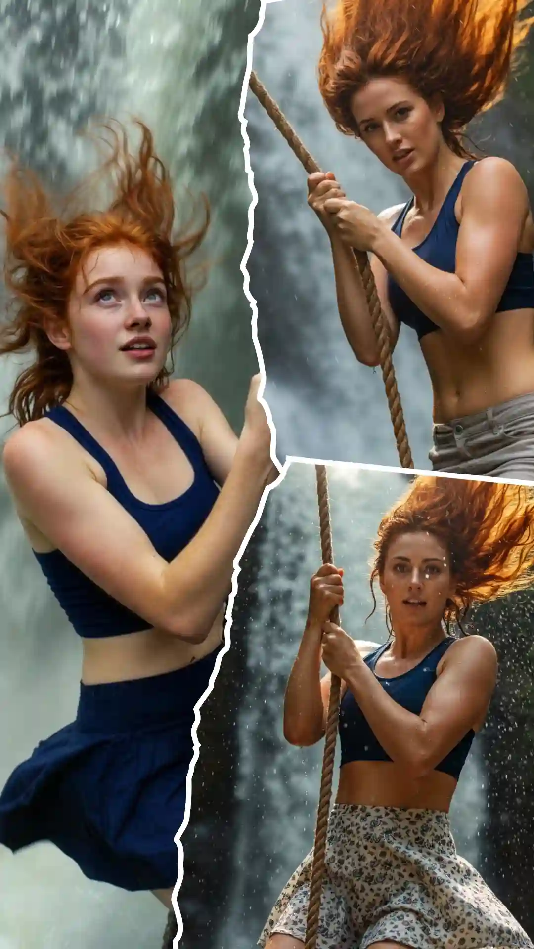 Redhead sliding down rope beside waterfall with confident smirk using best Grok prompts for mist swirl