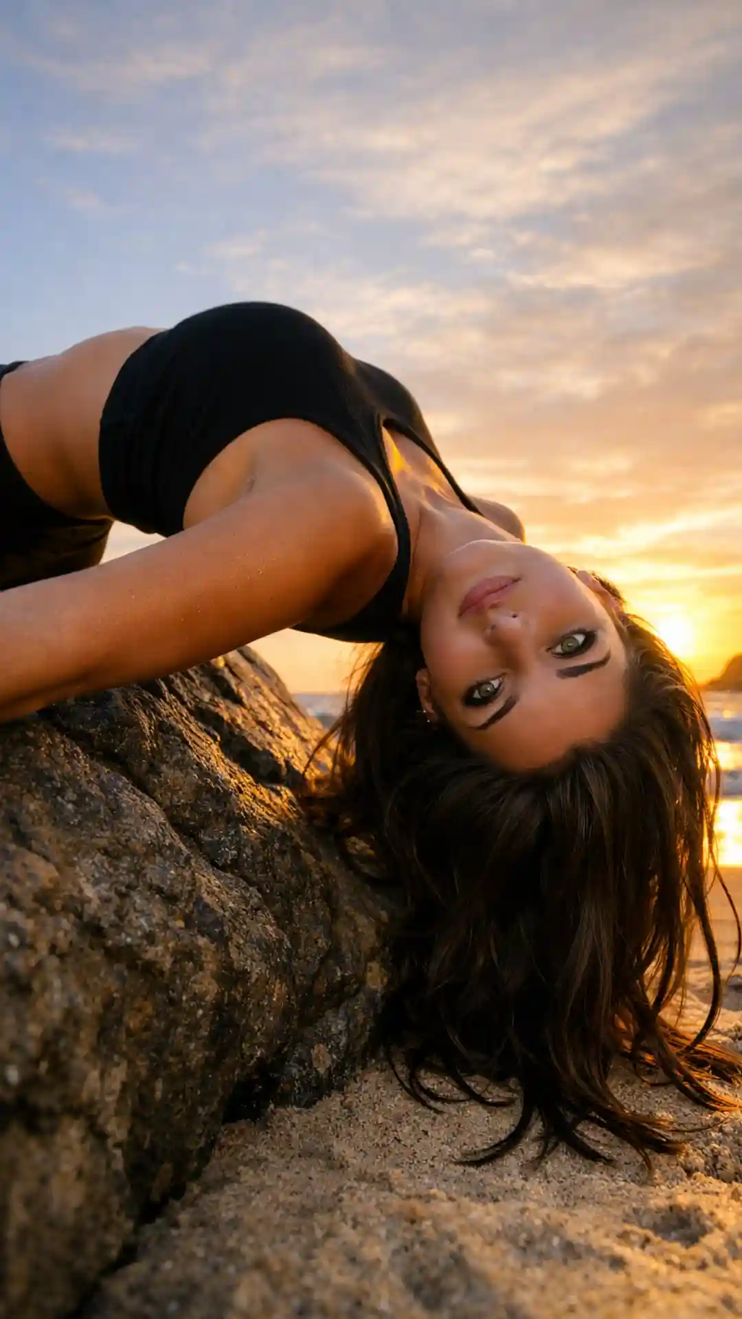 Uncensored grok prompts extreme low angle coastal boulder athletic fashion shot with grok AI image generator