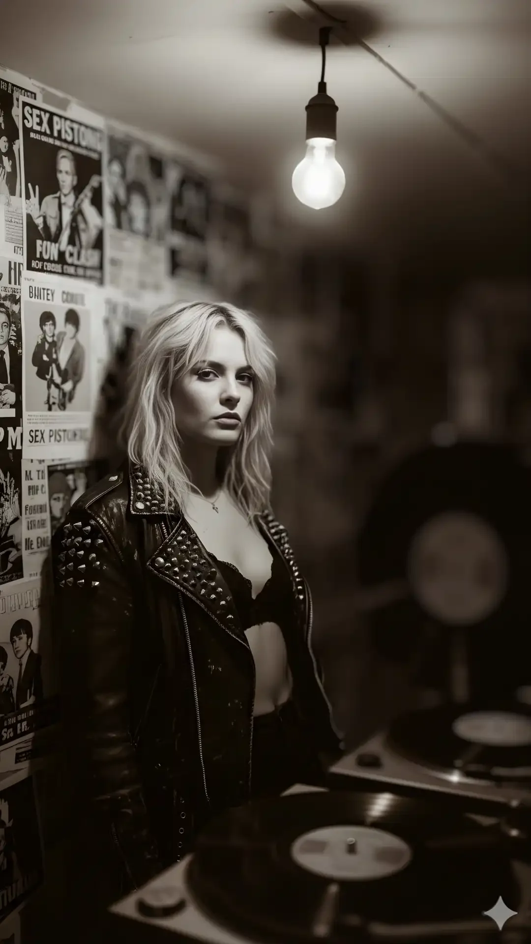 Urban punk aesthetic photorealistic Girl Image Generation shot in a Seattle Record Basement with warm sepia tones and film grain. A top Gemini AI Photo Editing Prompts for Girls result.