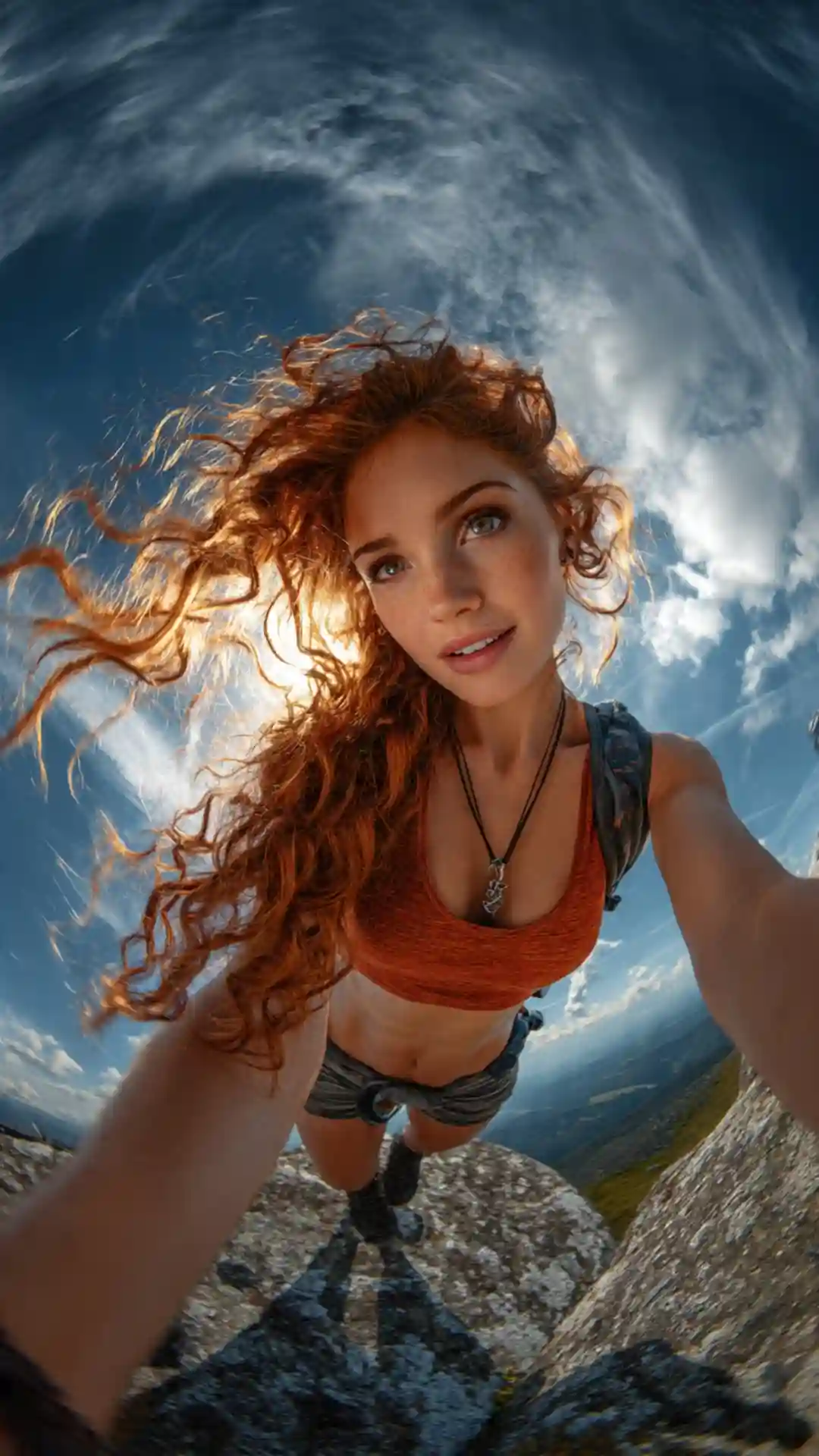 Viral Gemini prompts for photo editing: a dramatic fisheye distortion summit shot with GoPro Fusion settings.