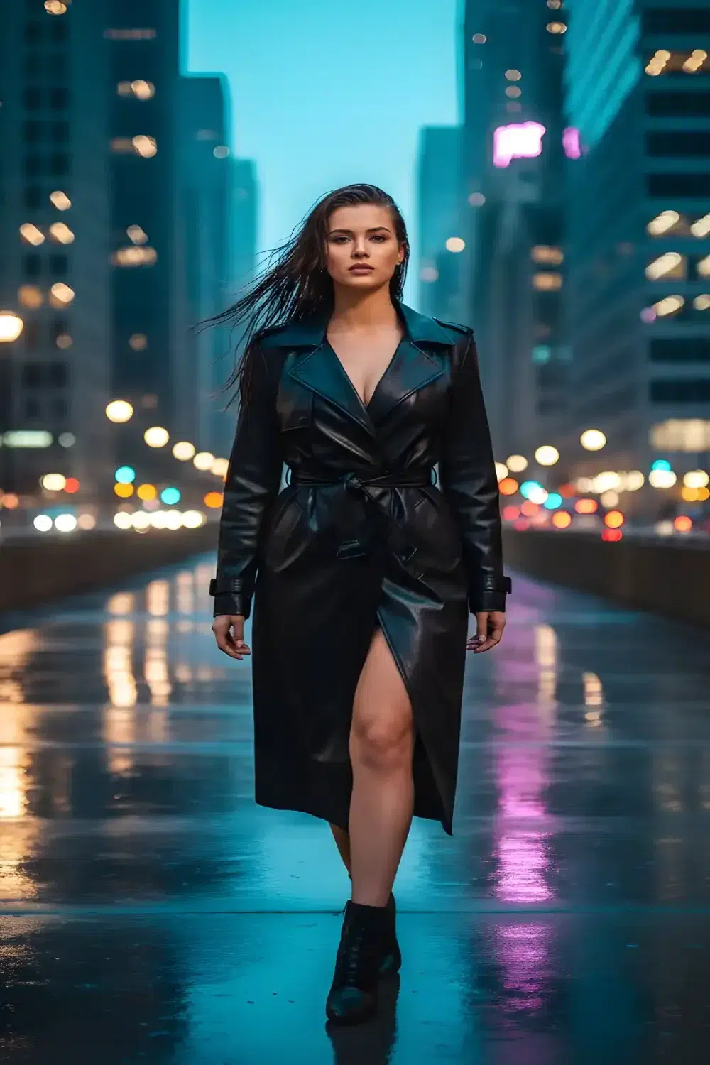 A wet look fashion prompt of a girl in a black leather dress on a rainy city promenade, using the best AI prompts for stunning attractive girls.