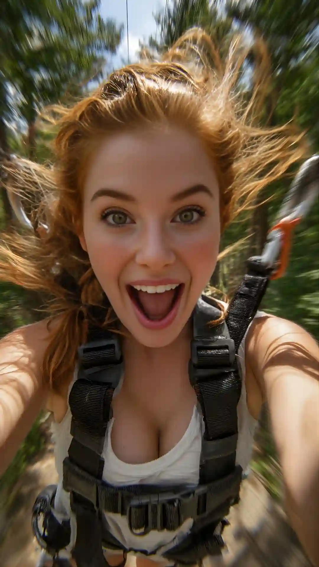 Action-packed prompt for photorealistic portrait girl using a Zipline POV camera setup to capture motion blur and speed blur.