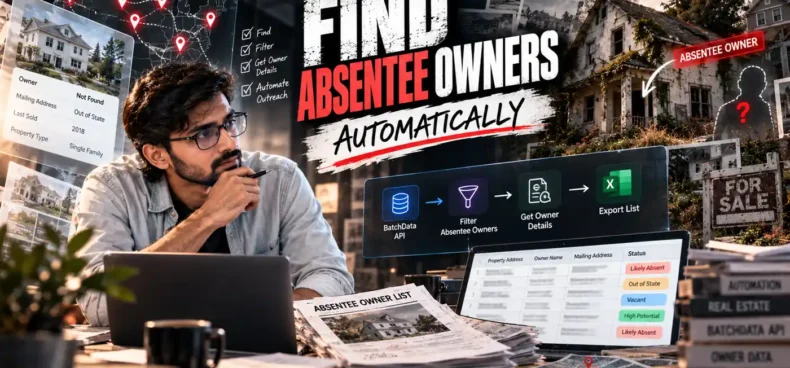 Absentee owner list automation with the BatchData API for high equity properties, real estate lead alerts and new listing alerts, explained on UpcomingTools for solo founders